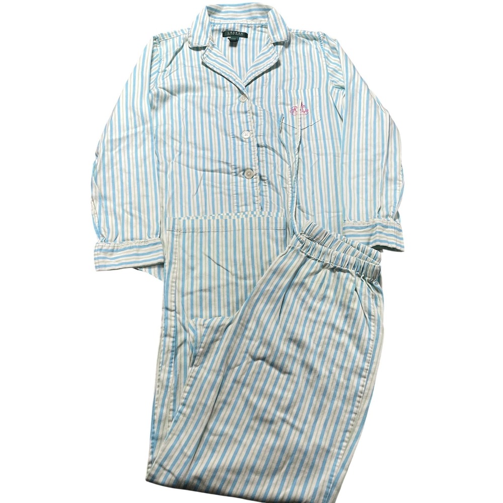 Lauren Ralph Lauren Pajama Set Womens S Blue Stripe RL Logo Drawstring Pants